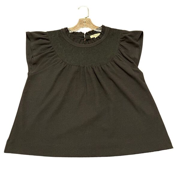 Madewell Black Flowy Top Flutter‎ Sleeve Lace Top and Ruffle Neck Women's M - Picture 1 of 14